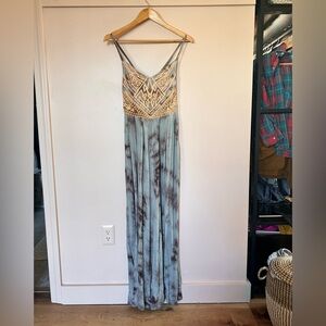 Ecote Blue Tie-Dye Maxi Dress with Gold Embellished Bodice